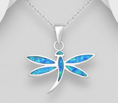 Şəkli böyütmək üçün tiklayın 925 Sterling Silver Dragonfly Pendant Decorated with Lab-Created Opal