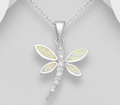 925 Sterling Silver Dragonfly Pendant Decorated With CZ and Lab-Created Opal