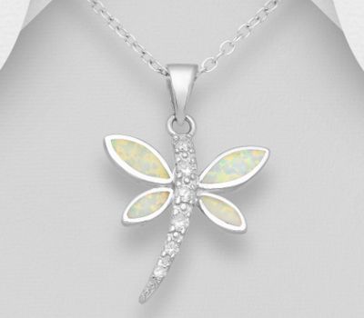 Şəkli böyütmək üçün tiklayın 925 Sterling Silver Dragonfly Pendant Decorated With CZ and Lab-Created Opal