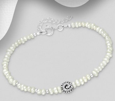 925 Sterling Silver Adjustable Oxidized Shell Bracelet, Beaded with Freshwater Pearls