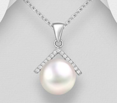 Şəkli böyütmək üçün tiklayın 925 Sterling Silver Pendant, Decorated with CZ Simulated Diamonds and Freshwater Pearl