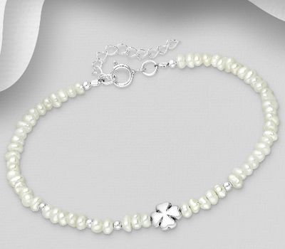 925 Sterling Silver Adjustable Clover Bracelet, Beaded with Freshwater Pearls
