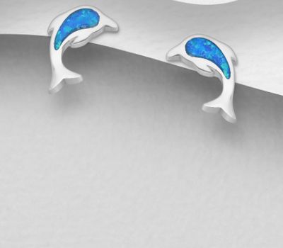 925 Sterling Silver Dolphin Push-Back Earrings Decorated With Lab-Created Opal
