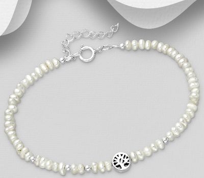 Şəkli böyütmək üçün tiklayın 925 Sterling Silver Adjustable Oxidized Tree Bracelet, Beaded with Freshwater Pearls