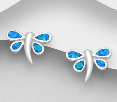 925 Sterling Silver Dragonfly Push-Back Earrings Decorated With Lab-Created Opal