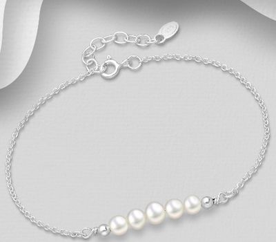 Şəkli böyütmək üçün tiklayın 925 Sterling Silver Bracelet, Beaded with 5 mm Width Freshwater Pearls