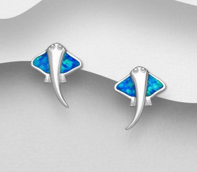 925 Sterling Silver Stingray Push-Back Earrings Decorated with Lab-Created Opal