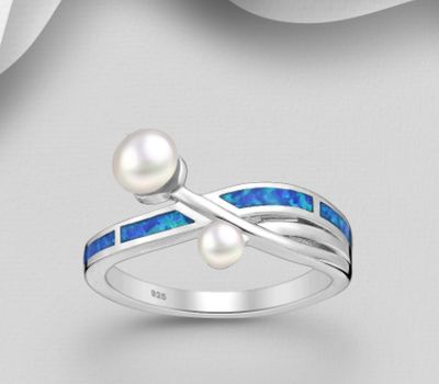 Şəkli böyütmək üçün tiklayın 925 Sterling Silver Ring, Decorated with Freshwater Pearls and Lab-Created Opal