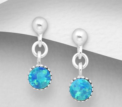 925 Sterling Silver Circle Dangle Push-Back Earrings, Decorated with Lab-Created Opal