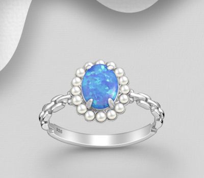 Şəkli böyütmək üçün tiklayın 925 Sterling Silver Oval Ring, Decorated with Lab-Created Opal and Simulated Pearl