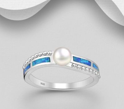 Şəkli böyütmək üçün tiklayın 925 Sterling Silver Ring, Decorated with Freshwater Pearl and Lab-Created Opal