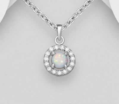 925 Sterling Silver Circle Pendant, Decorated with CZ Simulated Diamonds and Lab-Created Opal