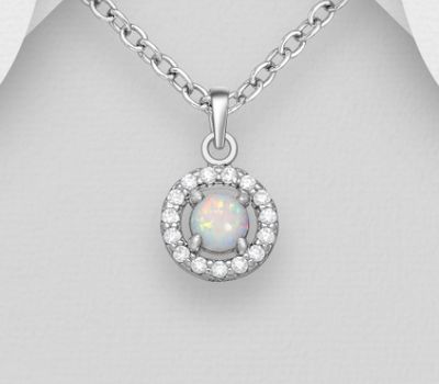 925 Sterling Silver Circle Pendant, Decorated with CZ Simulated Diamonds and Lab-Created Opal