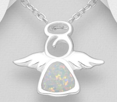 925 Sterling Silver Angel Pendant Decorated With Lab-Created Opal