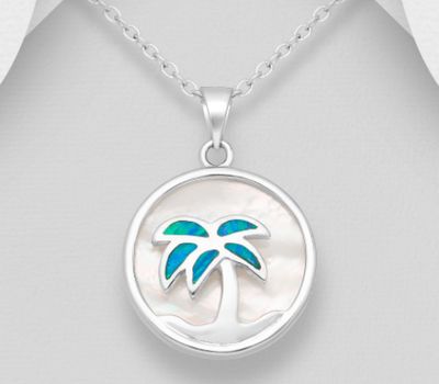 925 Sterling Silver Coconut Tree Pendant Decorated With Lab-Created Opal and Shell
