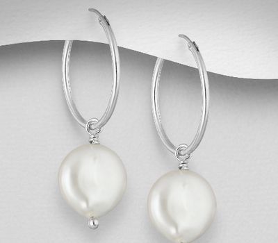 Şəkli böyütmək üçün tiklayın 925 Sterling Silver Hoop Earrings Beaded with Freshwater Pearls