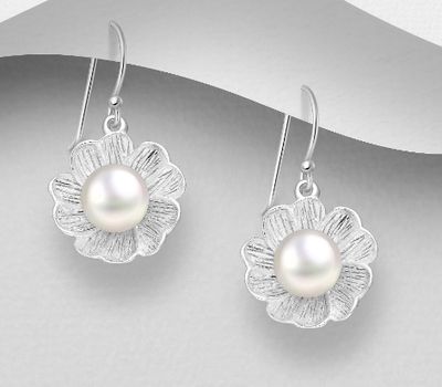 925 Sterling Silver Flower Hook Earrings, Decorated with Freshwater Pearls