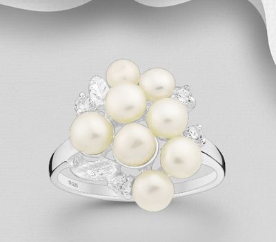 Şəkli böyütmək üçün tiklayın 925 Sterling Silver Ring, Decorated with Freshwater Pearls and CZ Simulated Diamonds