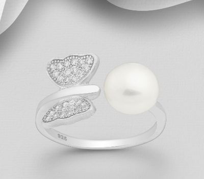 Şəkli böyütmək üçün tiklayın 925 Sterling Silver Adjustable Butterfly Ring, Decorated with Freshwater Pearl and CZ Simulated Diamonds
