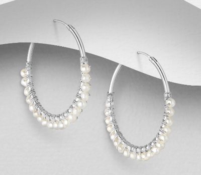 925 Sterling Silver Hoop Earrings, Beaded with Freshwater Pearls