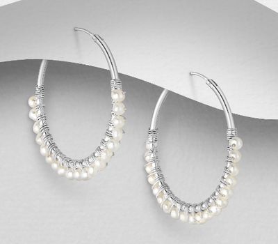 Şəkli böyütmək üçün tiklayın 925 Sterling Silver Hoop Earrings, Beaded with Freshwater Pearls