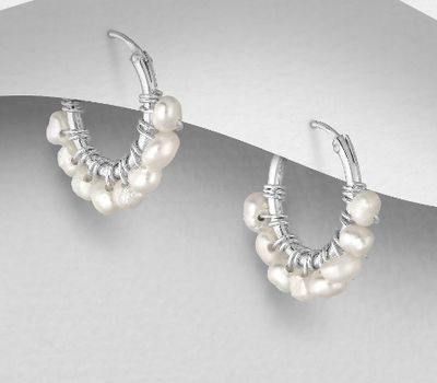 Şəkli böyütmək üçün tiklayın 925 Sterling Silver Hoop Earrings, Beaded with Freshwater Pearls