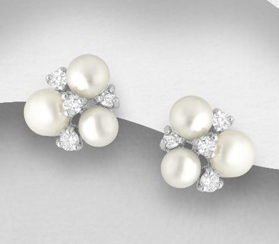 925 Sterling Silver Push-Back Earrings, Decorated with Freshwater Pearls and CZ Simulated Diamonds