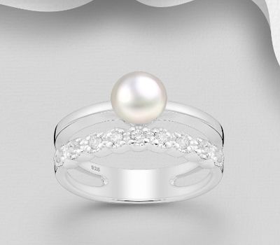 925 Sterling Silver Layered Ring Decorated With Fresh Water Pearl And CZ