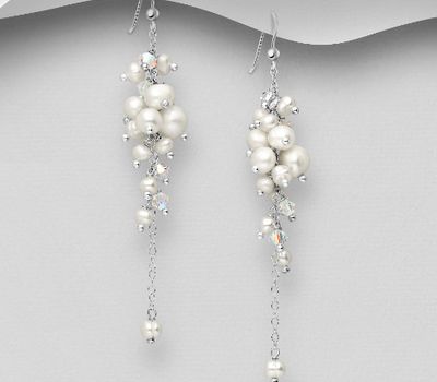 925 Sterling Silver Hook Earrings, Beaded with Crystal Glass and Freshwater Pearls