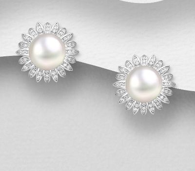 Malın səhifəsinə keç 925 Sterling Silver Push-Back Earrings, Decorated with CZ Simulated Diamonds and Freshwater Pearls