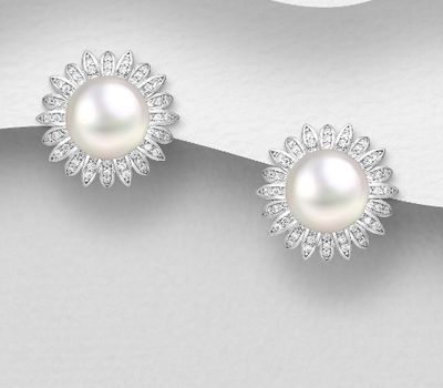 925 Sterling Silver Push-Back Earrings, Decorated with CZ Simulated Diamonds and Freshwater Pearls