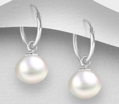 Şəkli böyütmək üçün tiklayın 925 Sterling Silver Hoop Earrings, Decorated with Freshwater Pearl