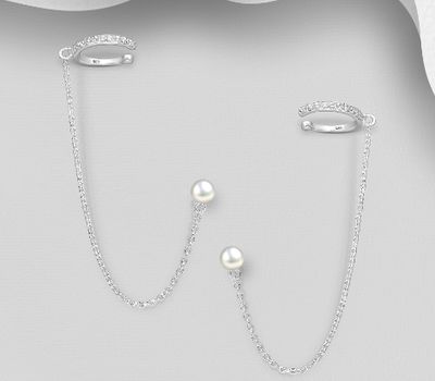 Şəkli böyütmək üçün tiklayın 925 Sterling Silver Push-Back Earrings & Ear Cuffs, Decorated with CZ Simulated Diamonds and Freshwater Pearls