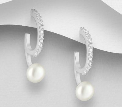 925 Sterling Silver Push-Back Earrings, Decorated with Freshwater Pearls and CZ Simulated Diamonds