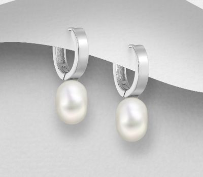 925 Sterling Silver Hoop Earrings, Decorated with Freshwater Pearls