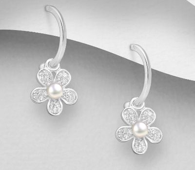 925 Sterling Silver Flower Push-Back Earrings, Decorated with CZ Simulated Diamonds and Freshwater Pearls