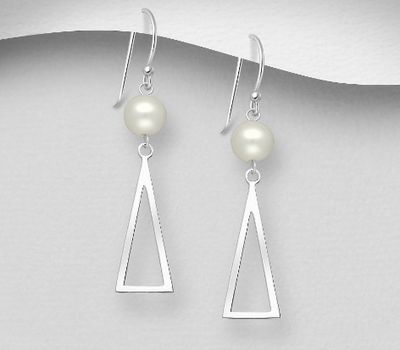 Şəkli böyütmək üçün tiklayın 925 Sterling Silver Triangle Hook Earrings, Beaded with Freshwater Pearls