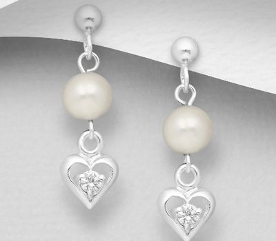Şəkli böyütmək üçün tiklayın 925 Sterling Silver Heart Push-Back Earrings, Decorated with Freshwater Pearls and CZ Simulated Diamonds
