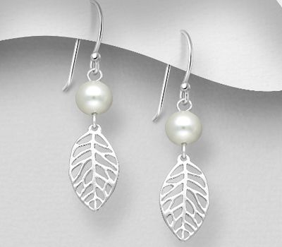 925 Sterling Silver Leaf Hook Earrings, Beaded with Freshwater Pearls