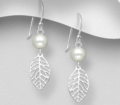 Şəkli böyütmək üçün tiklayın 925 Sterling Silver Leaf Hook Earrings, Beaded with Freshwater Pearls
