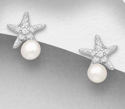 925 Sterling Silver Starfish Push-Back Earring, Decorated with Freshwater Pearls and CZ Simulated Diamonds