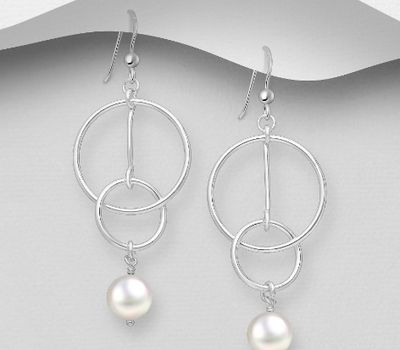 Şəkli böyütmək üçün tiklayın 925 Sterling Silver Circle Interlock and Bar Earrings Beaded with Freshwater Pearls