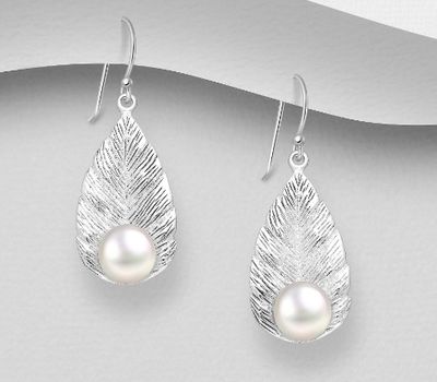 925 Sterling Silver Leaf Hook Earrings, Decorated with Freshwater Pearls
