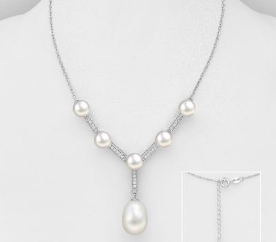 Şəkli böyütmək üçün tiklayın 925 Sterling Silver Necklace, Decorated with CZ Simulated Diamonds and Freshwater Pearls