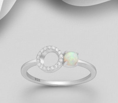 925 Sterling Silver Halo Ring, Decorated with CZ Simulated Diamonds and Lab-Created Opal