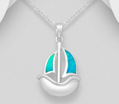 Şəkli böyütmək üçün tiklayın 925 Sterling Silver Sailboat Pendant Decorated With Lab-Created Opal