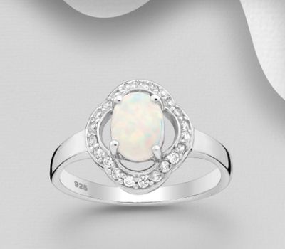 925 Sterling Silver Ring Decorated With CZ and Lab-Created Opal