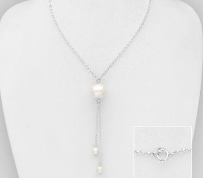 925 Sterling Silver Necklace, Beaded with 10 mm Diameter Freshwater Pearl