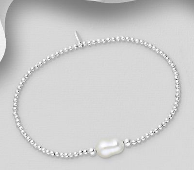 Şəkli böyütmək üçün tiklayın 925 Sterling Silver Bracelet, Beaded with Freshwater Pearl, Shape and Size Will Vary.