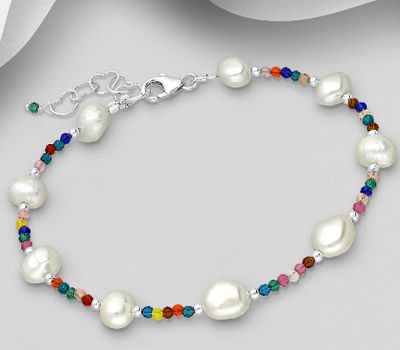 925 Sterling Silver Bracelet, Beaded with Colorful Crystal Glass and Freshwater Pearls